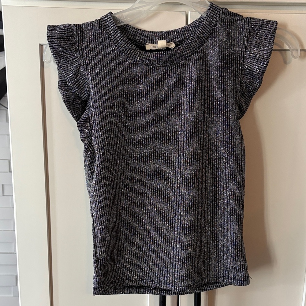 Moa Moa Metallic Navy Blue Ribbed Tank Top with Flutter Shoulders